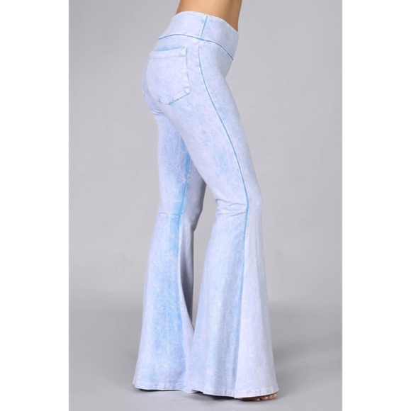Pants - Powder Blue Mineral Wash French Terry Flared Bell Bottom Pull On Pants Pockets